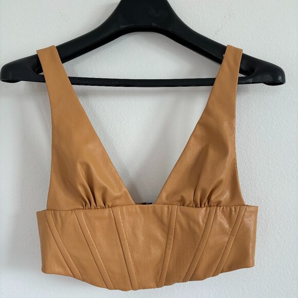 Zara Top Womens Medium Camel Cropped Faux Leather Corset Festival Feminine‎ Edgy - Picture 2 of 6